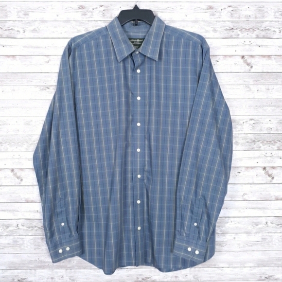 Eddie Bauer Shirt Mens XL Tall Slim Fit Long Sleeve Button Up Blue Plaid 244 - Picture 1 of 5